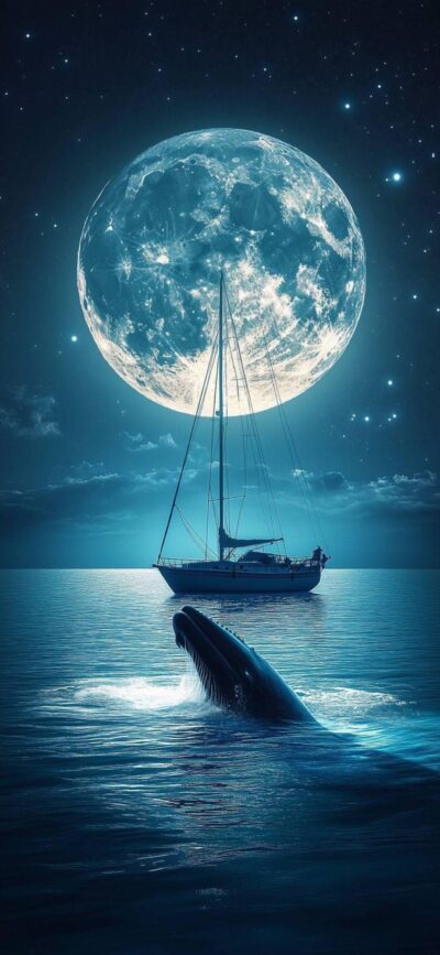 Serene night scene with a full moon, sailboat, and whale under a starry sky | 4K Wallpaper for Mobile | Blue and black color scheme.