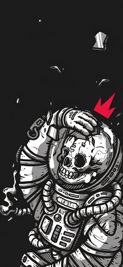 Skeleton in spacesuit with red crown on dark background, blending sci-fi and fantasy | 4K Wallpaper for Mobile | Black, Red, White theme