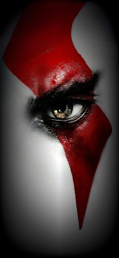 Kratos-inspired eye with red and black face paint, perfect for mobile. | 4K Wallpaper | Primary colors: black, red, white.