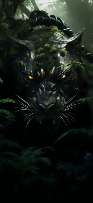 Alt Tag: Mysterious panther emerges from jungle foliage with piercing yellow eyes. Black, green, and yellow tones | 4K Wallpaper for Mobile