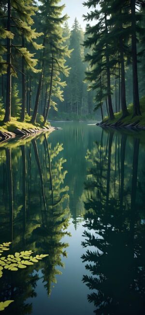 Serene forest scene with evergreen trees reflected in a clear lake | Tranquil nature for mobile | Green and blue tones | 4K Wallpaper