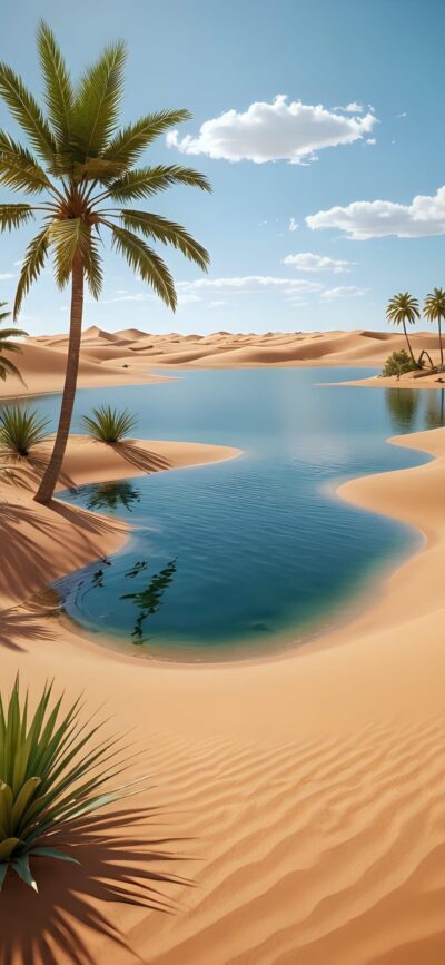 Tranquil desert oasis with palm trees, blue water, sand dunes, and clouds under a clear sky | 4K Wallpaper for Mobile