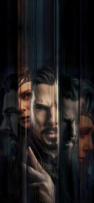 Marvel Universe Wallpaper with Doctor Strange | Dramatic, mystical design featuring overlapping faces | Black, Dark, Brown | 4K Wallpaper, for Mobile