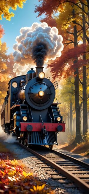 Classic steam locomotive in vibrant autumn forest with red, orange, yellow foliage, emitting smoke | 4K Wallpaper for Mobile