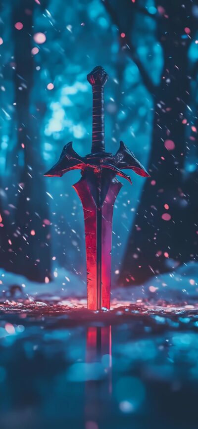 Mystical sword in forest, surrounded by glowing particles; fantasy atmosphere with vibrant colors | 4K Wallpaper for Mobile