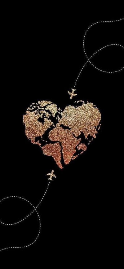 Heart-shaped world map with glitter texture, planes flying, black background | Gold & Black | Travel, Love, Art | 4K Wallpaper for Mobile