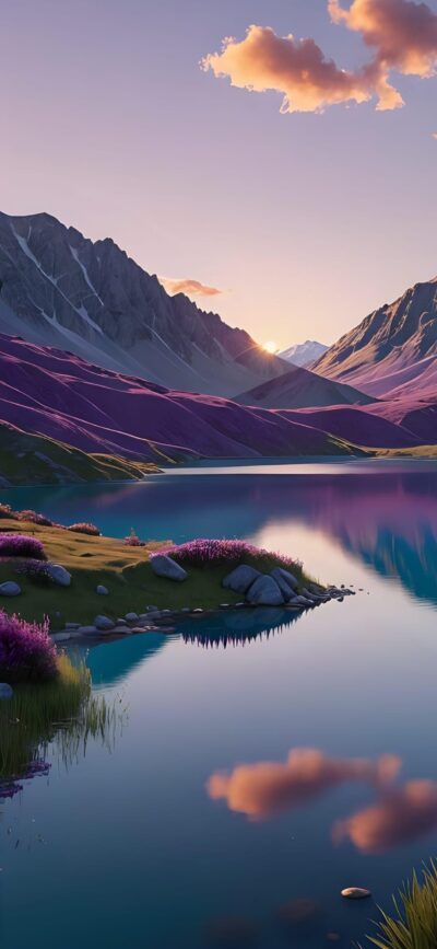 Serene mountain landscape with purple hues, tranquil lake, and green grass for a peaceful mobile view | 4K Wallpaper.