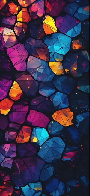 Abstract geometric mosaic design in vibrant blue, purple, orange, and pink colors. Dynamic aesthetic for Mobile | 4K Wallpaper