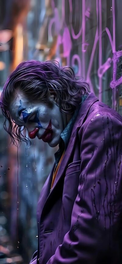 Moody Joker-themed urban wallpaper with graffiti, featuring a character in a purple suit and clown makeup. | 4K Wallpaper for Mobile