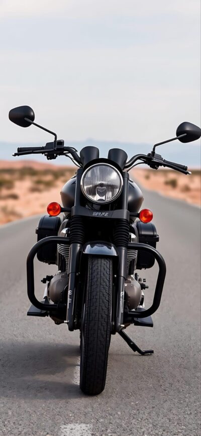 Sleek black motorcycle on a deserted highway, exuding adventure and freedom. Dramatic backdrop. | 4K Wallpaper for Mobile