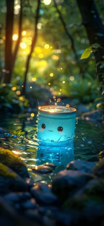 Cute glowing turquoise cup in a magical forest with a stream and sunlight filtering through trees | 4K Wallpaper for Mobile