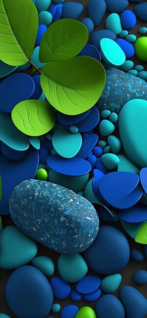 Vibrant pebbles in blue and green with leaves, creating a calming abstract nature design | 4K Wallpaper for Mobile