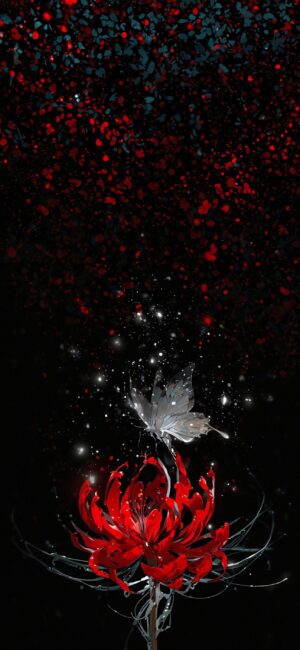 Red flower with intricate petals, glowing butterfly, and cascading lights on a dark background | 4K Wallpaper for Mobile