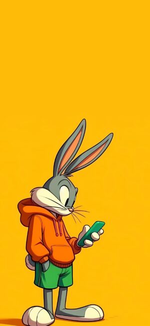 Bugs Bunny in orange hoodie & green shorts, holding a smartphone on a yellow background. Cheerful & vibrant. | 4K Wallpaper for Mobile