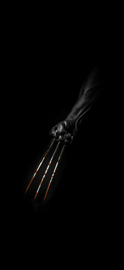 Wolverine's claws extend from a muscular arm in a dark, minimalist design | Black & Orange | 4K Wallpaper for Mobile