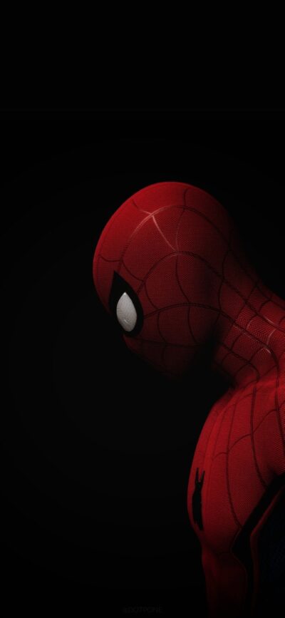 Spider-Man side profile in red and black suit, dark background. | 4K Wallpaper for Mobile