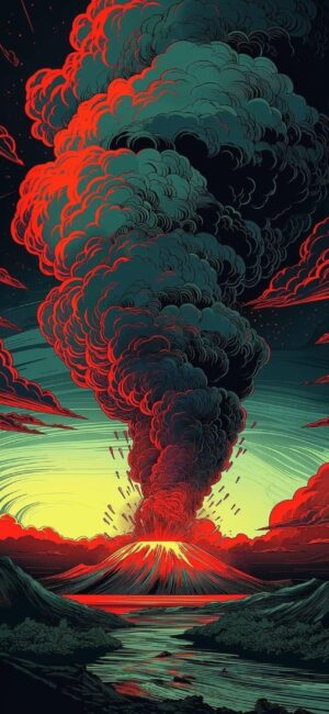 Volcanic eruption illustration with red, green hues; plume of smoke, river in foreground | 4K Wallpaper for Mobile