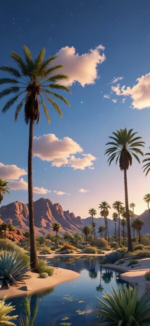 Desert oasis with palm trees, clear blue sky, mountains, reflective water, and desert plants | 4K Wallpaper for Mobile.