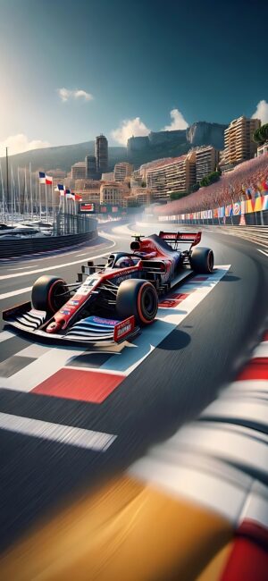 Formula 1 race car on track with urban Monaco backdrop, vibrant in blue, red, black, white | 4K Wallpaper for Mobile