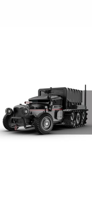 Futuristic military-style concept vehicle with rugged design, combining trucks and tracked systems | Black & Gray | 4K Wallpaper for Mobile