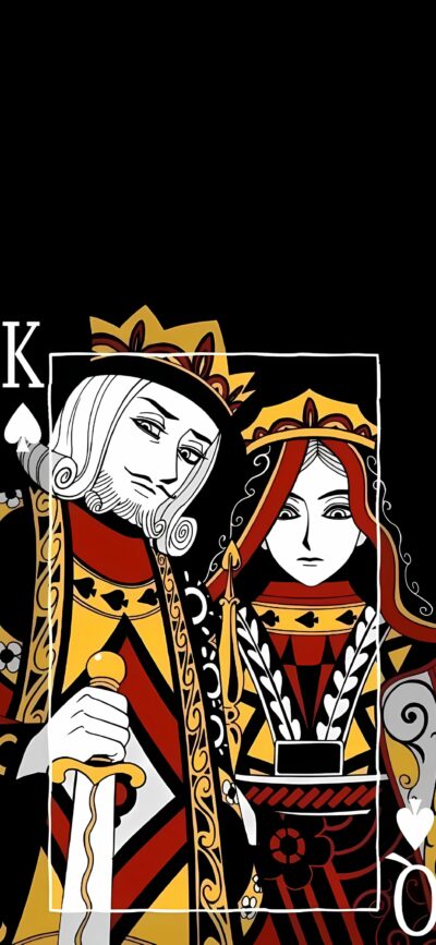 King and Queen playing card art in black, red, gold. Detailed crowns, King with sword. | 4K Wallpaper for Mobile