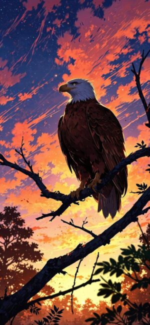 Majestic eagle on branch against vibrant orange, pink, and blue sunset sky | 4K Wallpaper for Mobile