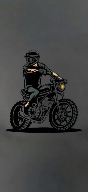 Stylized motorcyclist on a rugged bike; sleek design in black, gray, yellow. Adventure vibe for mobile | 4K Wallpaper.