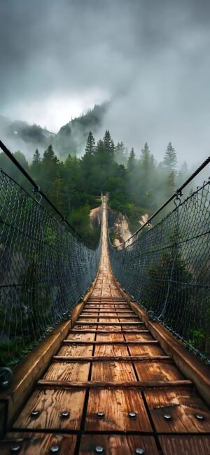 Wooden suspension bridge in misty forest, lush greenery, serene and mysterious atmosphere. | 4K Wallpaper, for Mobile