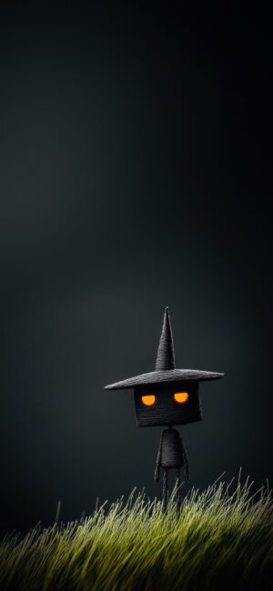 Stylized black character with orange eyes and witch hat on green grass, dark backdrop | 4K Wallpaper for Mobile