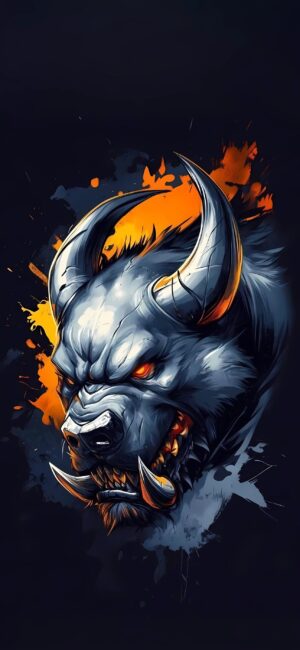 Horned beast with glowing eyes & sharp teeth amidst orange & blue splashes, black background | 4K Wallpaper for Mobile