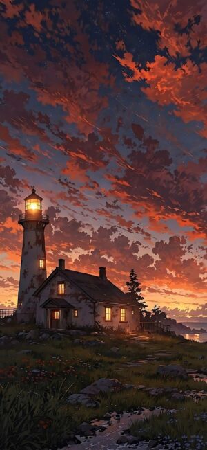 Lighthouse and cottage at sunset with vibrant orange and fiery sky, grassy landscape, serene coastal scene | 4K Wallpaper for Mobile