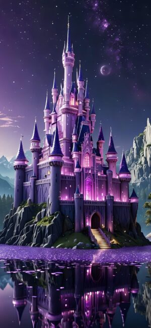 Fantasy castle with spires under starry night, reflecting on lake, surrounded by mountains | Purple, Blue, Pink | 4K Wallpaper for Mobile