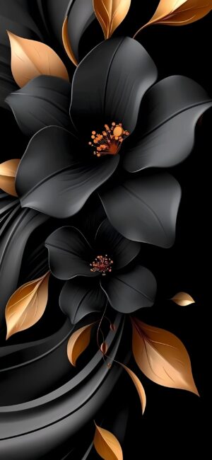 Elegant black flowers with golden leaves on a dark background create luxury contrast | 4K Wallpaper for Mobile