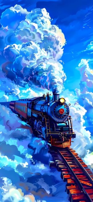 Classic steam locomotive amidst surreal blue and white clouds, evoking adventure and nostalgia | 4K Wallpaper for Mobile