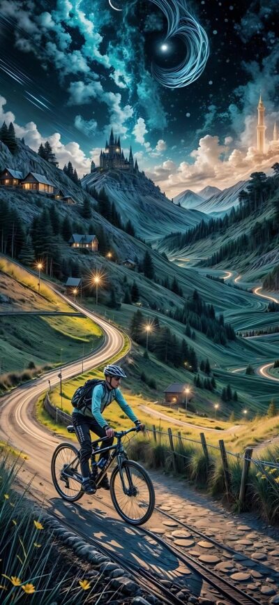 Fantasy landscape with a cyclist on a winding road leading to a castle under a starry sky | Blue, green, yellow | 4K Wallpaper for Mobile