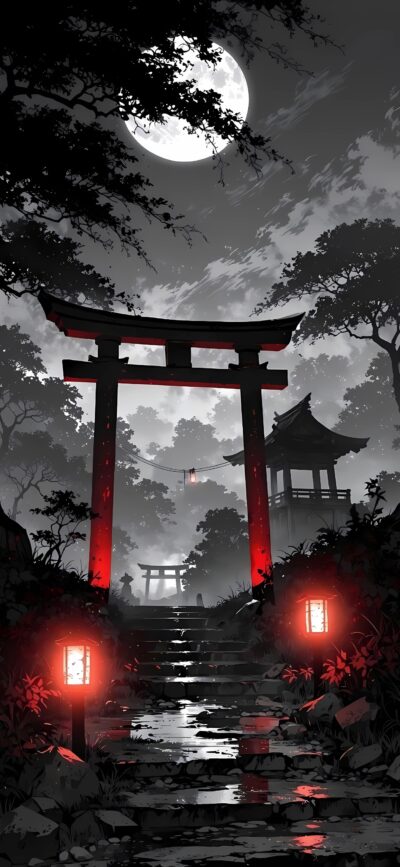 Japanese torii gate at night with red lanterns, full moon, and trees in silhouette. | 4K Wallpaper for Mobile