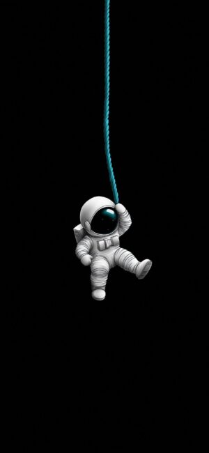 Cute astronaut hanging from blue rope on black background | Space & exploration theme | 4K Wallpaper for Mobile