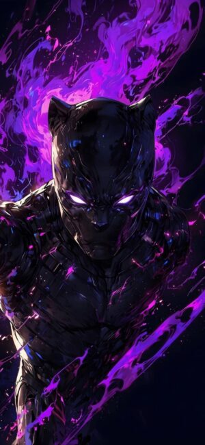 Black Panther with glowing purple accents and swirling energy | 4K Wallpaper for Mobile