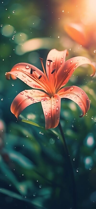 Close-up vibrant orange lily with dew against a green background, creating a serene atmosphere | 4K Wallpaper for Mobile