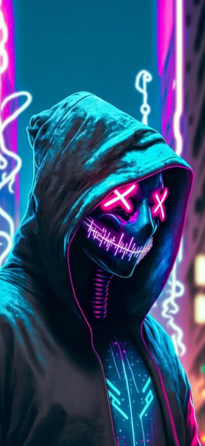 Cyberpunk character with neon X-eyes and glowing smile in a futuristic cityscape | Blue, Pink, Black | 4K Wallpaper for Mobile