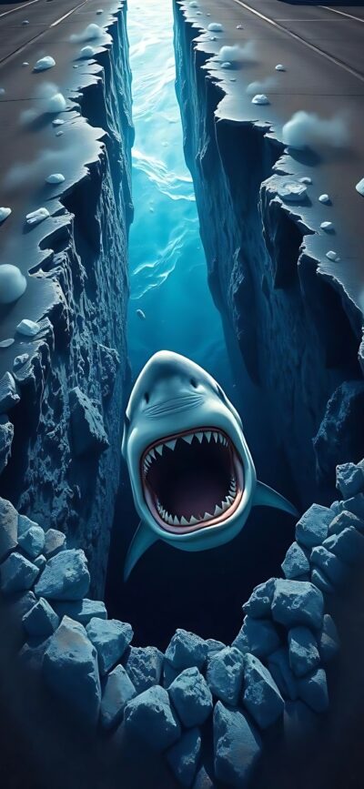 Shark emerging from ocean chasm in dramatic underwater scene | 4K Wallpaper for Mobile | Blue & Gray tones | Ocean & Animal theme