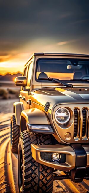 Rugged off-road vehicle in a desert during sunset, showcasing robust design and warm tones | 4K Wallpaper, for Mobile