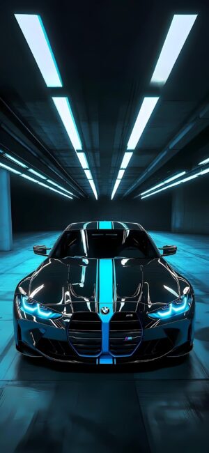 BMW car in dimly lit garage with glossy finish, ambient blue & white lighting | 4K Wallpaper for Mobile | Blue, Black, White