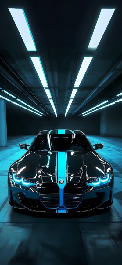 BMW car in dimly lit garage with glossy finish, ambient blue & white lighting | 4K Wallpaper for Mobile | Blue, Black, White