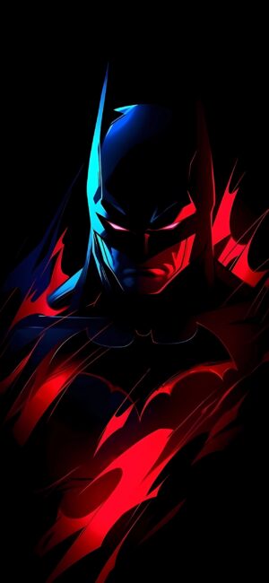 Artistic Batman wallpaper with dynamic blue and red lighting for mobile. Black, blue, red theme. | 4K Wallpaper