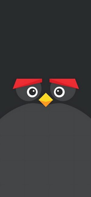 Minimalist abstract bird with striking red eyebrows and yellow beak on dark background | 4K Wallpaper for Mobile