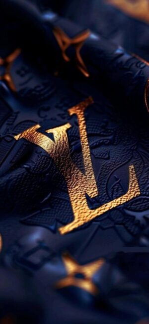 Louis Vuitton logo embossed on a textured dark surface with gold lettering | 4K Wallpaper for Mobile | Black and Gold Luxury Design