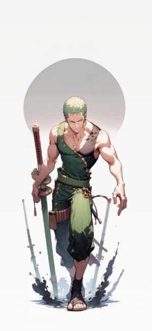 Roronoa Zoro in action with signature swords, green hair, and muscular build | 4K Wallpaper for Mobile | Green, White Themes