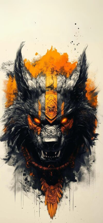 Stylized wolf with glowing eyes, tribal patterns, bold orange, and black splash. | 4K Wallpaper for Mobile | Wolf, fantasy, mythical.