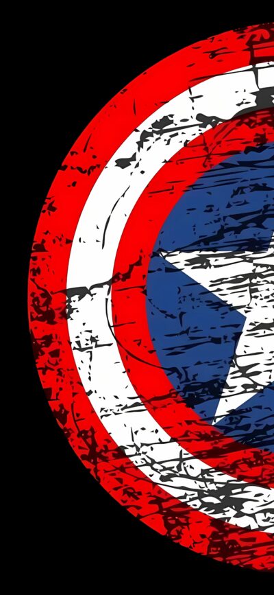 Grungy illustration of Captain America's shield with distressed texture in red, white, blue on black | 4K Wallpaper, for Mobile